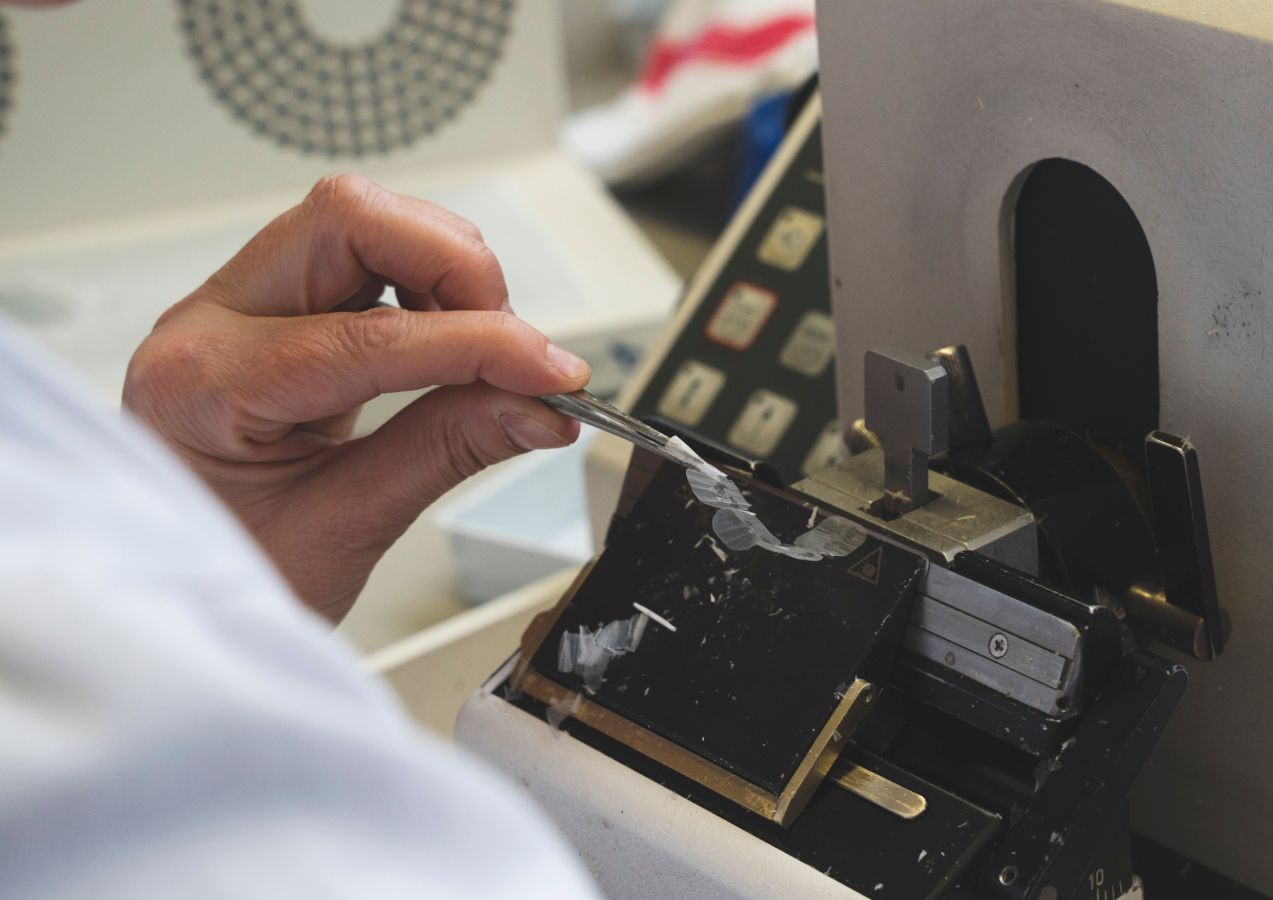 Preparing tissue samples for microscopy using a microtome.